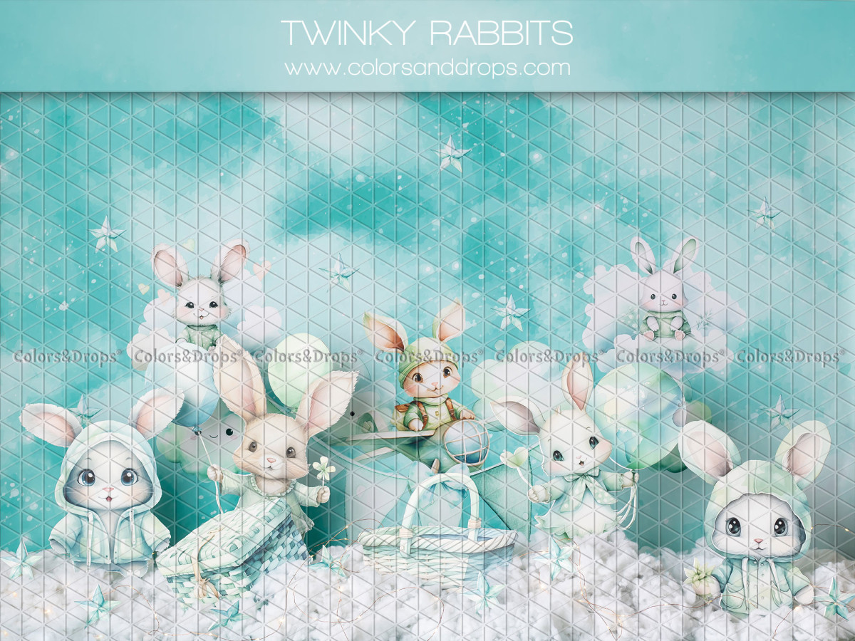 Fondo fotográfico de bebé y smash cake Twinky Rabbits – conejitos de peluche sobre nubes turquesa | Colors&Drops