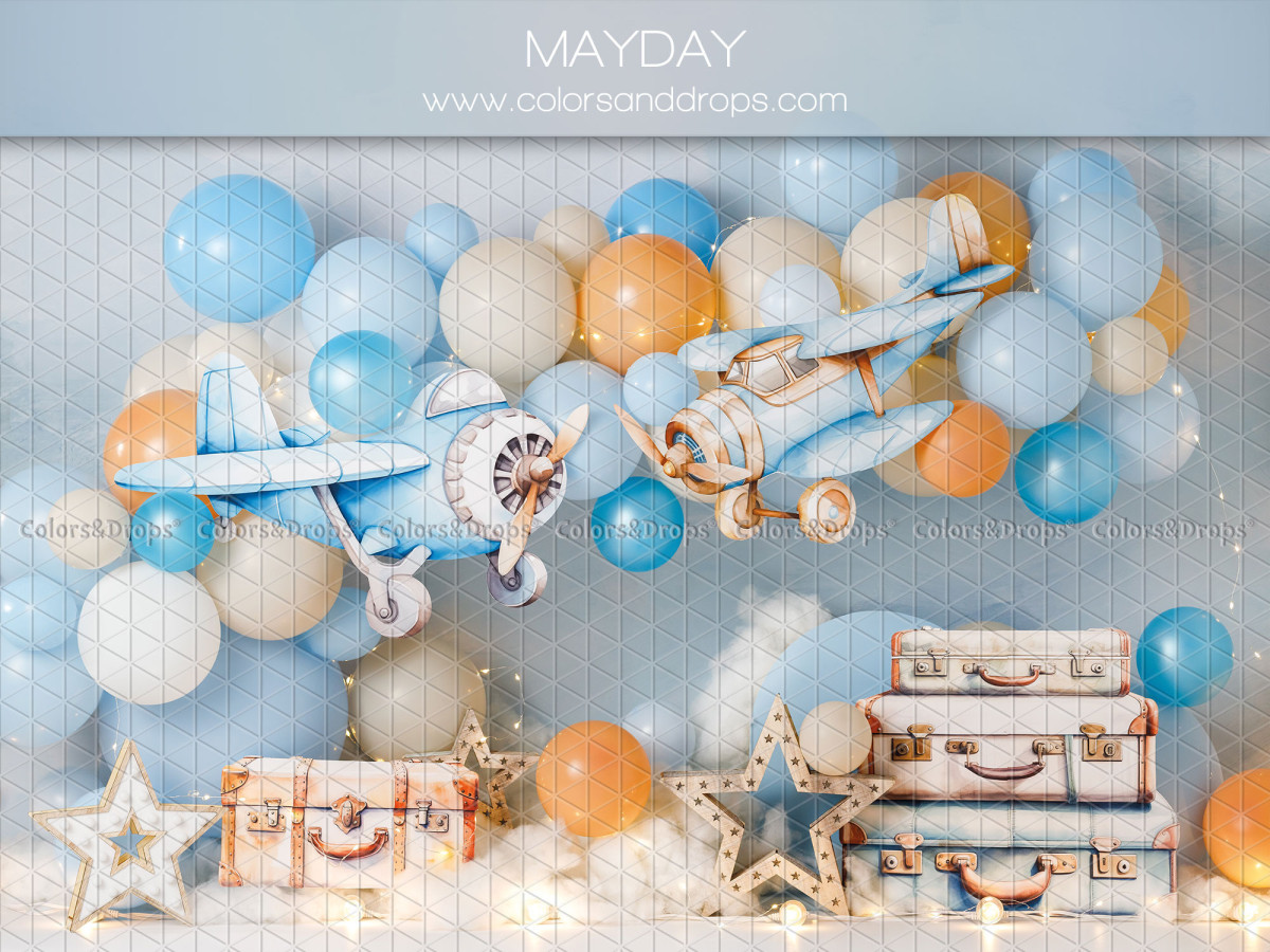 Baby & cake smash photo backdrop Mayday – planes and blue balloons with vintage suitcases | Colors&Drops
