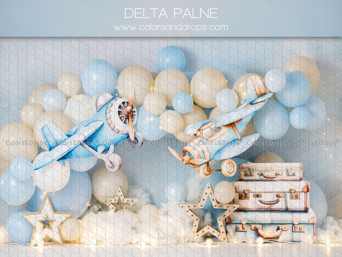 Fond photo bébé et smash cake Delta Plane – avions vintage avec ballons et valises | Colors&Drops