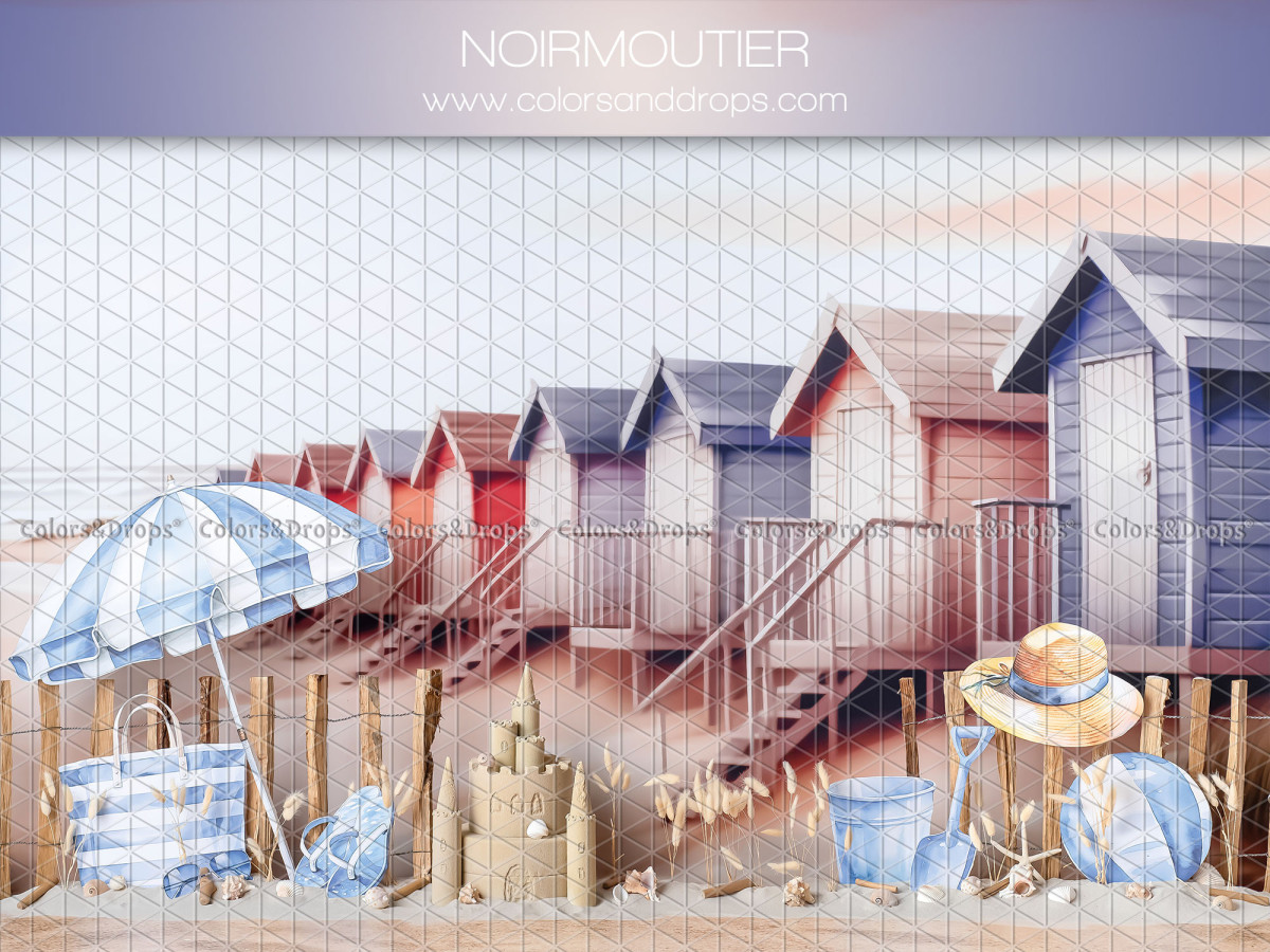Fond photo bébé et smash cake Noirmoutier – cabines de plage colorées avec parasol | Colors&Drops