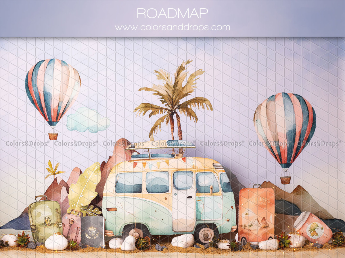 Fond photo bébé et smash cake Roadmap – van rétro avec montgolfières et palmier | Colors&Drops