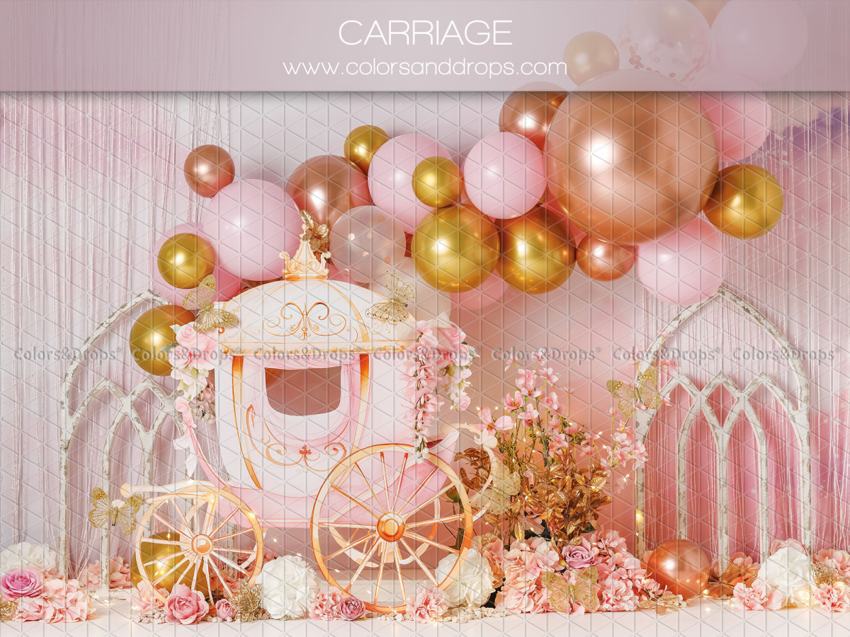 Fondo fotográfico de bebé y smash cake Carriage – carroza de princesa con globos rosas y dorados | Colors&Drops