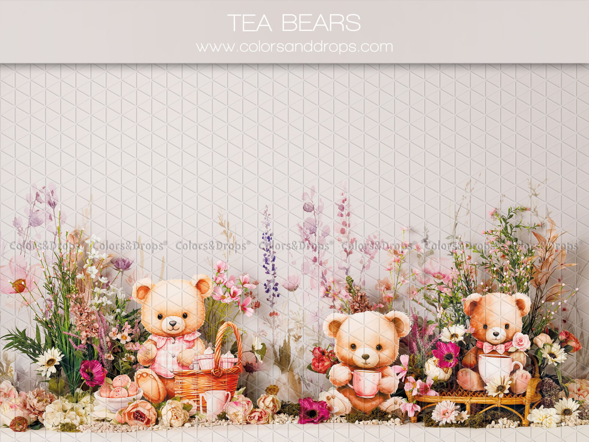 Fondo fotográfico de bebé y smash cake Tea Bears – ositos de peluche en un campo de flores | Colors&Drops