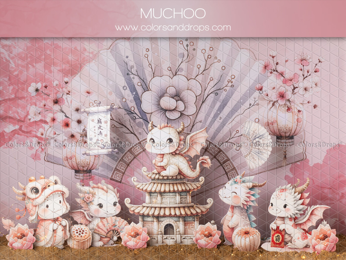 Fond photo bébé et smash cake Muchoo – chats et dragons japonais avec cerisier en fleurs | Colors&Drops