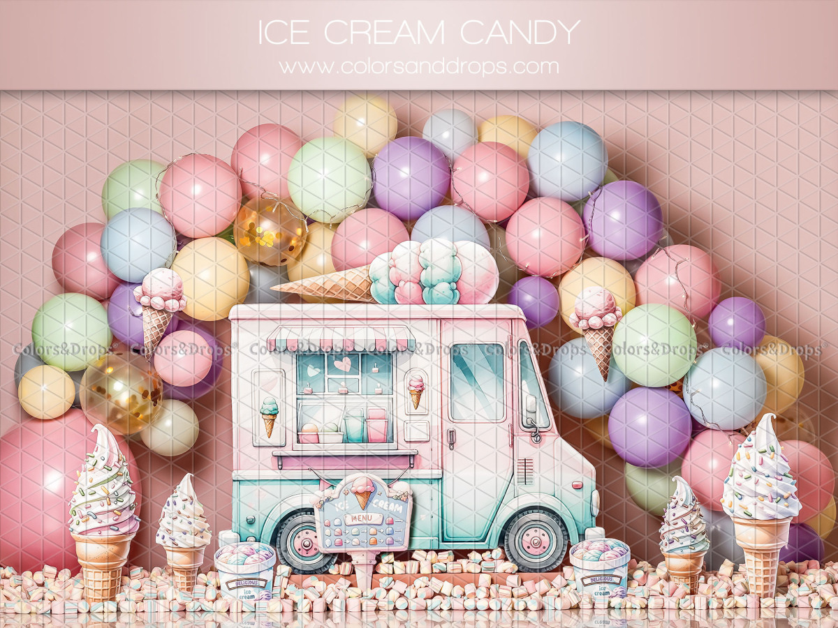 Fond photo bébé et smash cake Ice Cream Candy – camion de glaces avec arche de ballons pastel | Colors&Drops