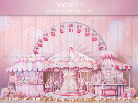 Fond photo bébé et smash cake Sucrerie – fête foraine rose avec manège et grande roue | Colors&Drops