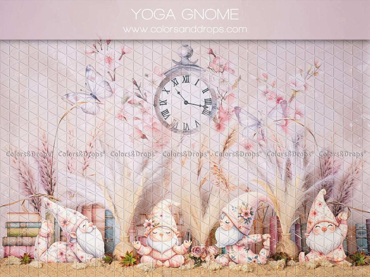 Fond photo bébé et smash cake Yoga Gnome – gnomes avec horloge, pampa et branches fleuries | Colors&Drops