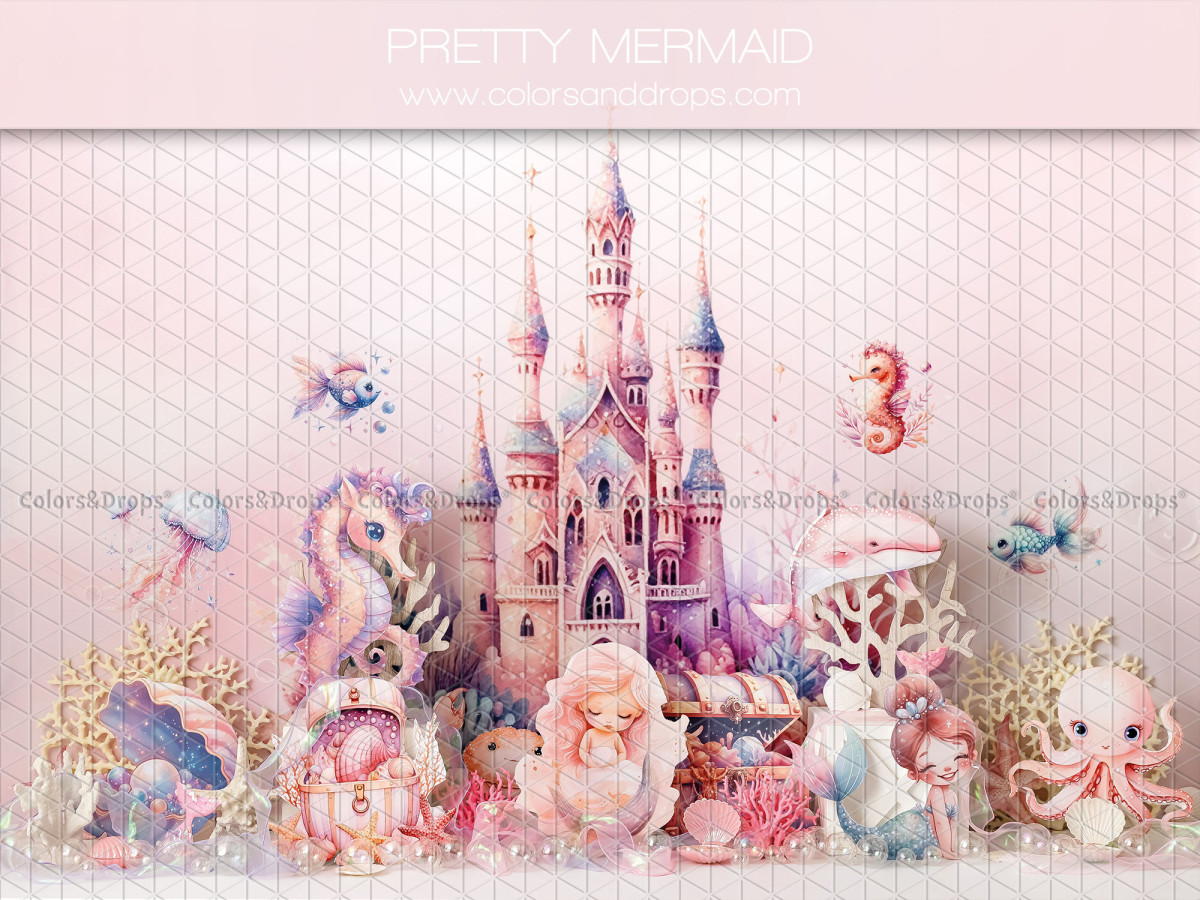 Baby & cake smash photo backdrop Pretty Mermaid – pink mermaid castle with seahorses | Colors&Drops