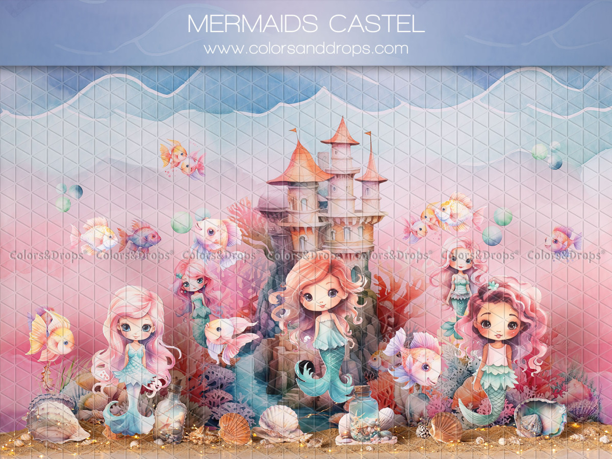 Baby & cake smash photo backdrop Mermaids Castel – mermaids in front of an underwater castle | Colors&Drops