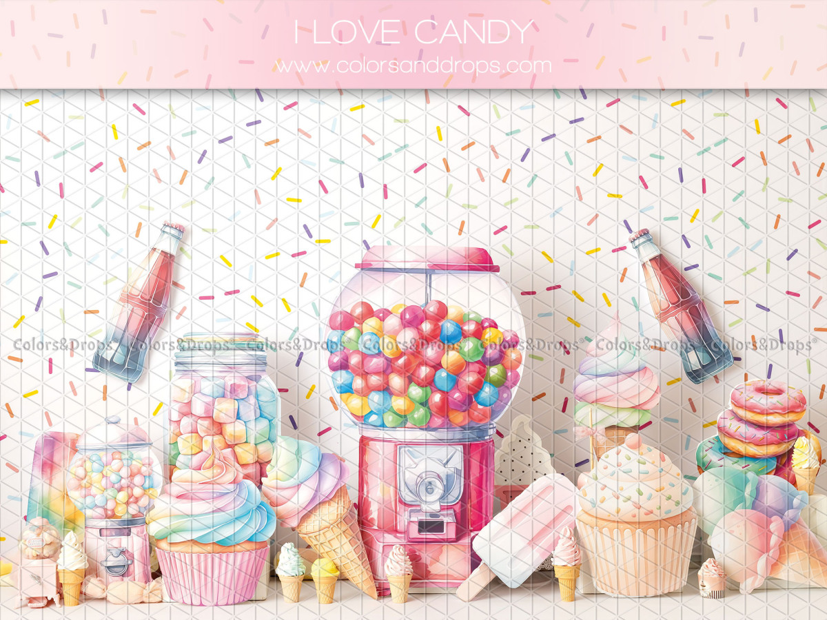 Fondo fotográfico de bebé y smash cake I Love Candy – golosinas gigantes con máquina de chicles y cupcakes | Colors&Drops