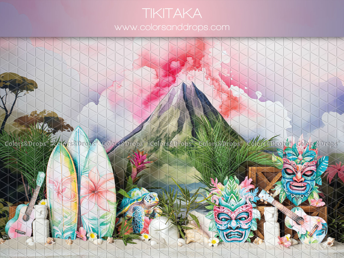 Baby & cake smash photo backdrop Tikitaka – tropical volcano with surfboards and tikis | Colors&Drops