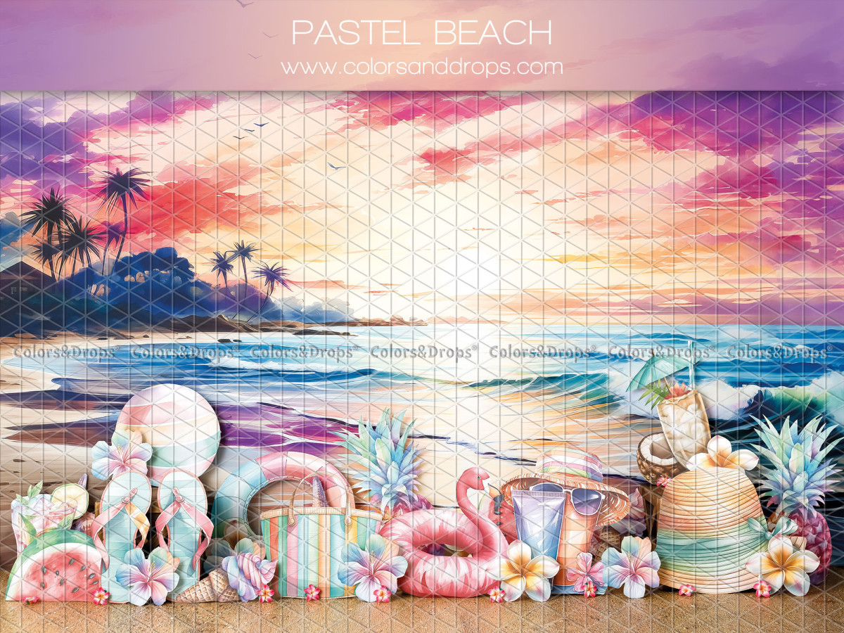 Fondo fotográfico de bebé y smash cake Pastel Beach – playa al atardecer con flamencos y piñas | Colors&Drops