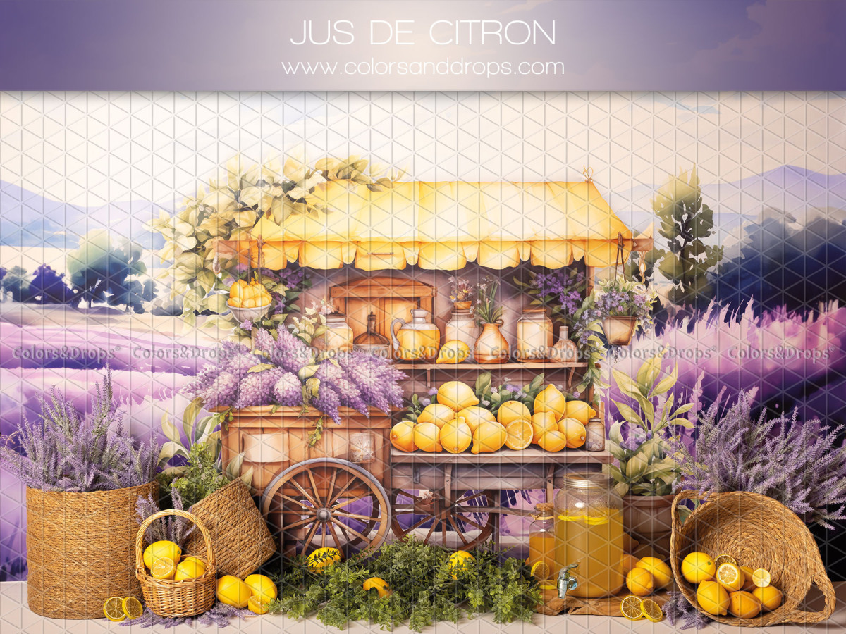 Fond photo bébé et smash cake Jus de Citron – étal de citrons dans un champ de lavande | Colors&Drops