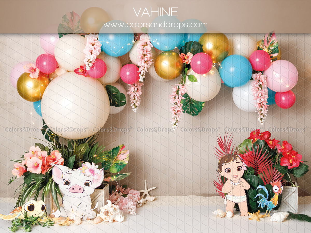 Baby & cake smash photo backdrop Vahine – multicolour balloon arch with tropical flowers | Colors&Drops