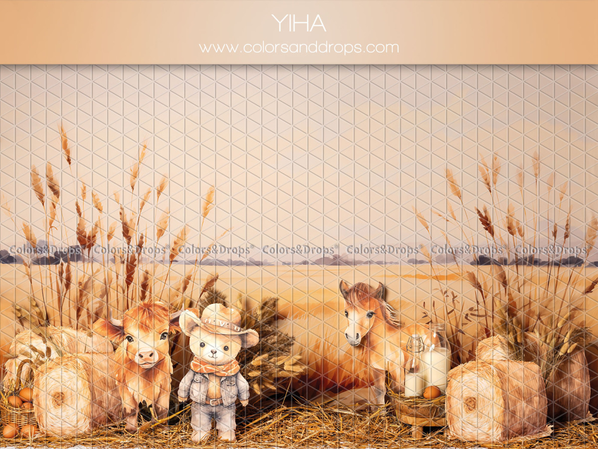 Baby & cake smash photo backdrop Yiha – cowboy teddy bears in a wheat field | Colors&Drops