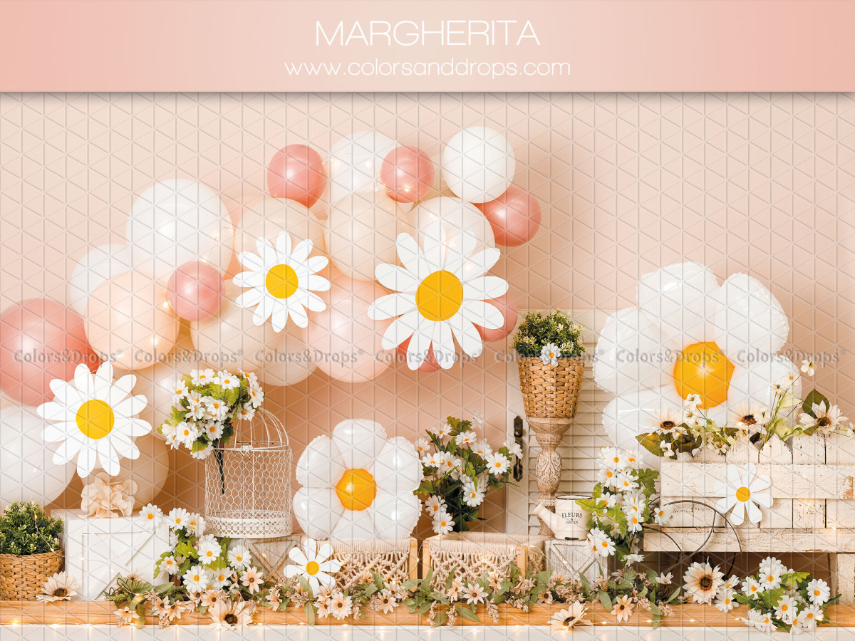 Fondo fotográfico de bebé y smash cake Margherita – globos y margaritas gigantes sobre fondo rosa | Colors&Drops
