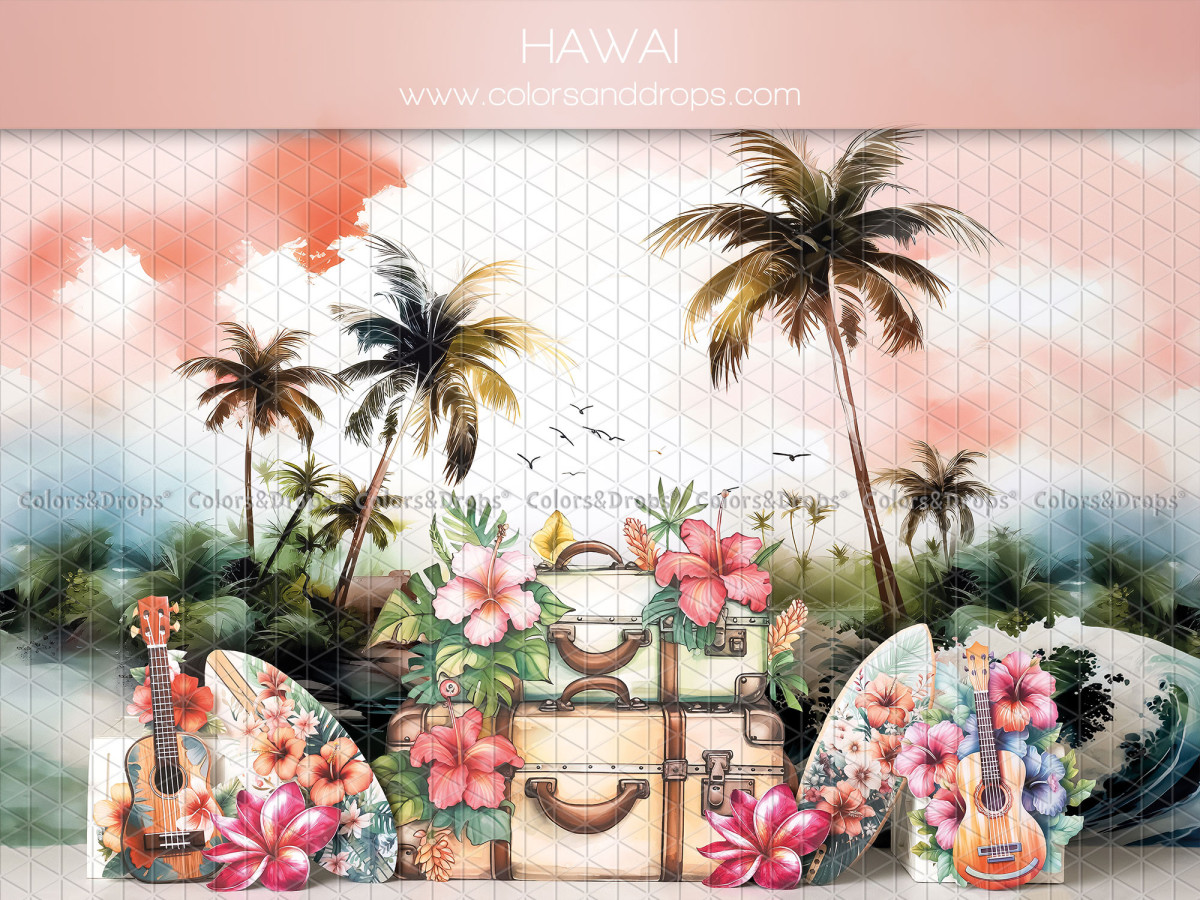 Fondo fotográfico de bebé y smash cake Hawai – playa tropical con palmeras, maletas y ukeleles | Colors&Drops