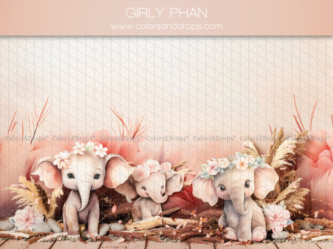 Fond photo bébé et smash cake Girly Phan – éléphanteaux roses avec fleurs et pampa | Colors&Drops