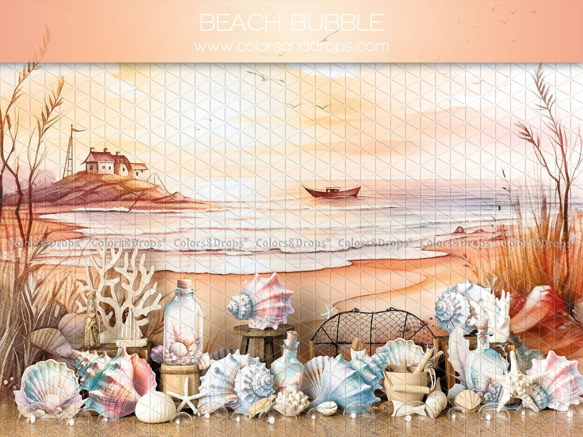 Fond photo bébé et smash cake Beach Bubble – bord de mer au coucher de soleil avec coquillages | Colors&Drops