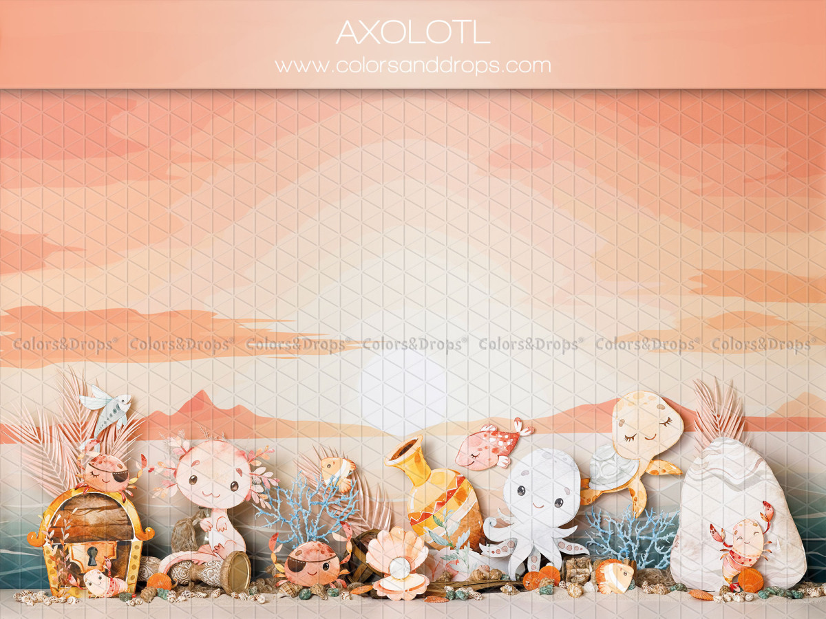 Fond photo bébé et smash cake Axolotl – axolotls et poulpes pastel au bord de la mer | Colors&Drops