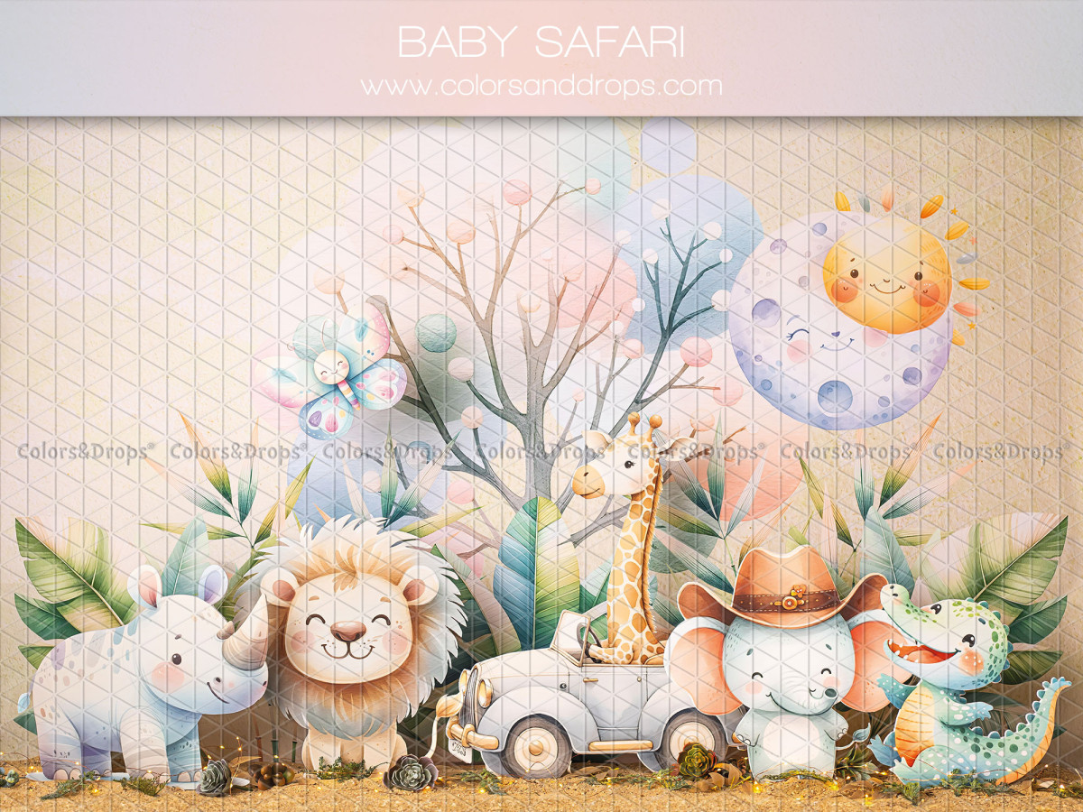 Fond photo bébé et smash cake Baby Safari – bébés animaux de safari avec voiture et soleil | Colors&Drops