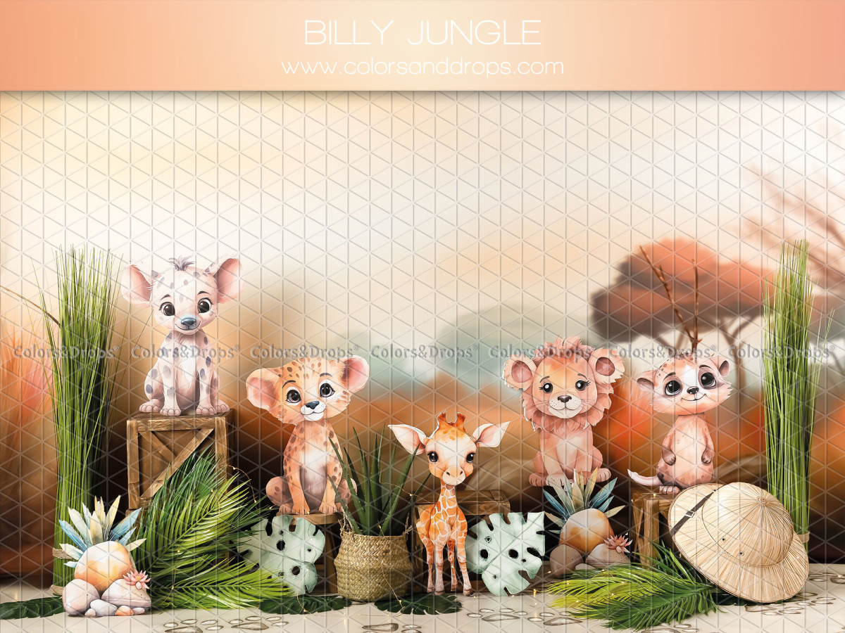 Fondo fotográfico de bebé y smash cake Billy Jungle – bebés animales de la sabana al atardecer | Colors&Drops