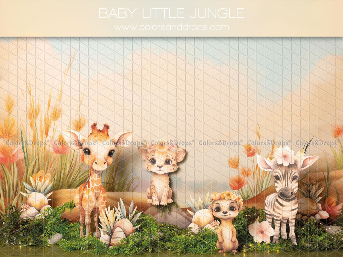Fondo fotográfico de bebé y smash cake Baby Little Jungle – jirafita, cachorro de león y cebra en la hierba | Colors&Drops