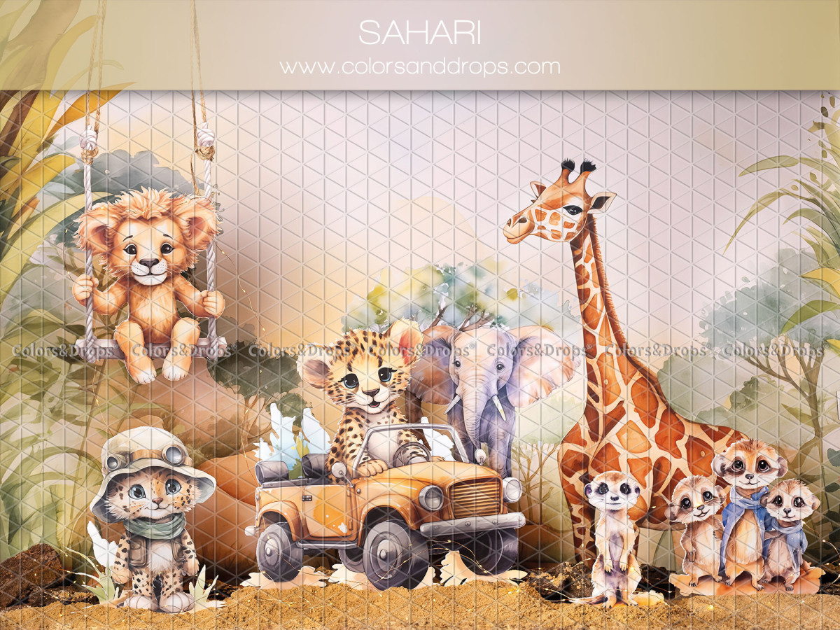 Fond photo bébé et smash cake Sahari – animaux de safari avec jeep et girafe | Colors&Drops