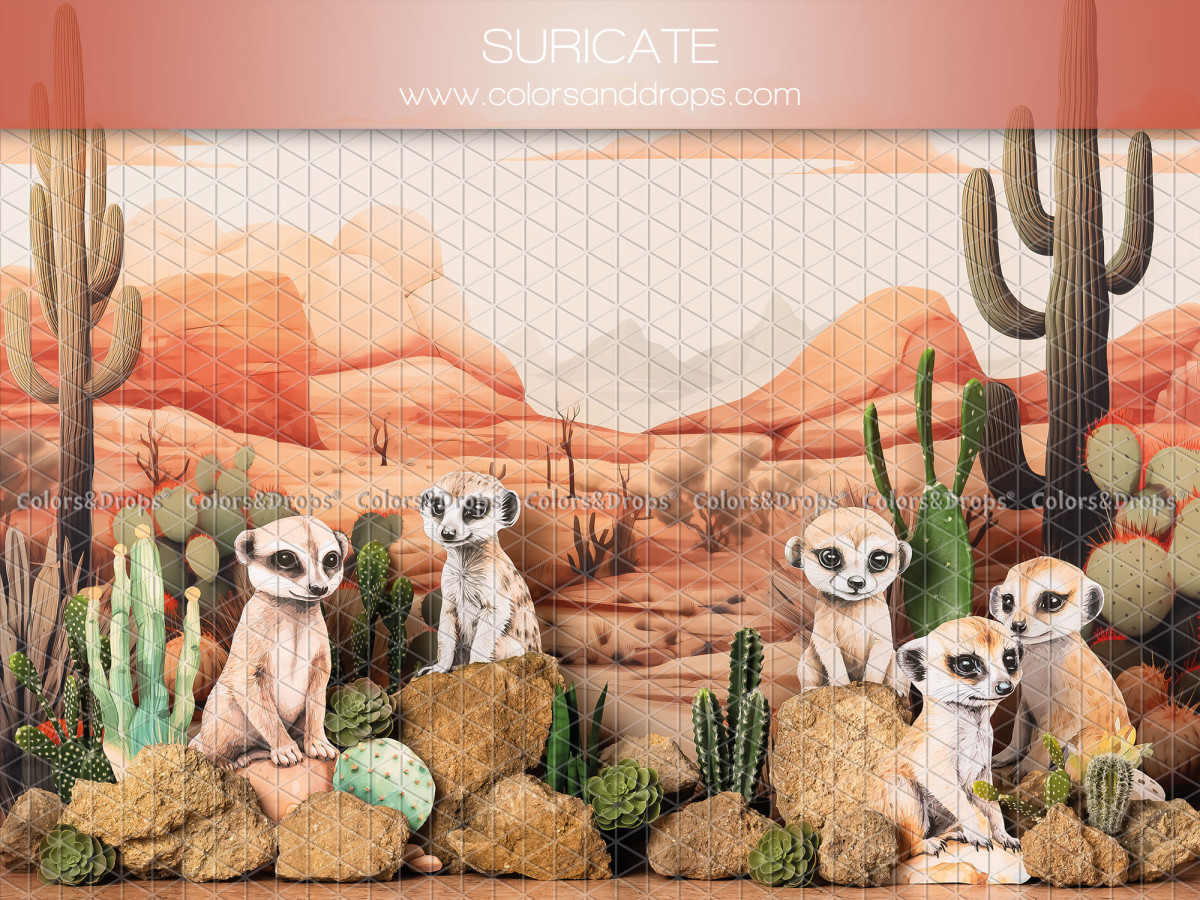 Fondo fotográfico de bebé y smash cake Suricate – suricatas en el desierto con cactus | Colors&Drops