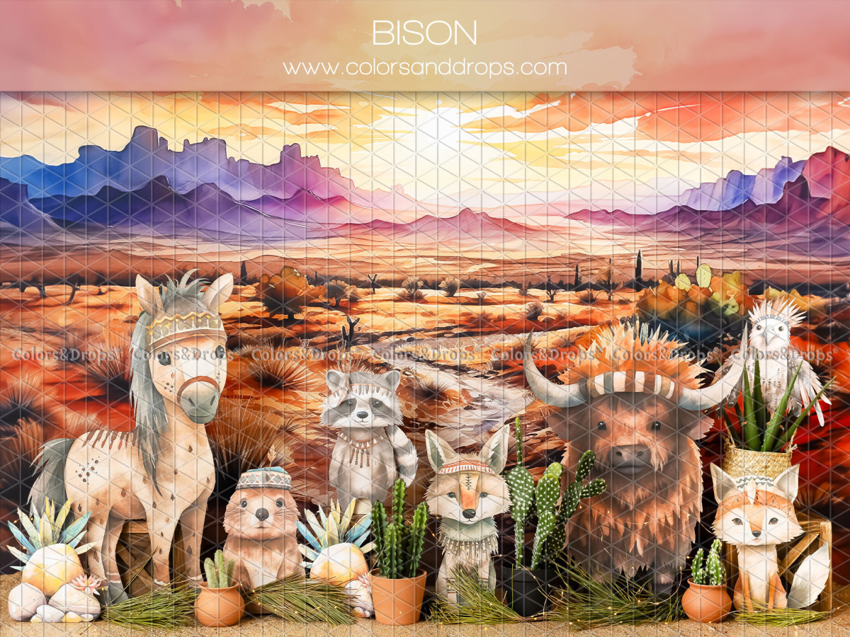 Fondo fotográfico de bebé y smash cake Bison – bisonte y animales de la pradera al atardecer | Colors&Drops