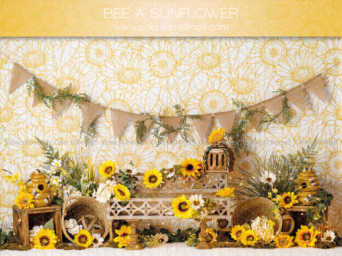 Fond photo bébé et smash cake Bee a Sunflower – tournesols avec fanions et caisses en bois | Colors&Drops