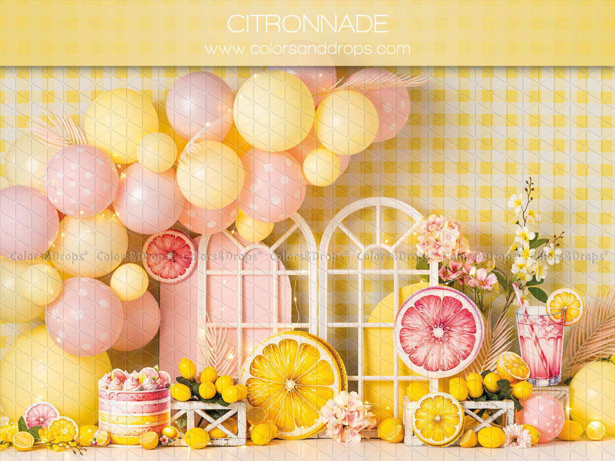 Fond photo bébé et smash cake Citronnade – ballons jaunes et roses avec agrumes et vichy | Colors&Drops