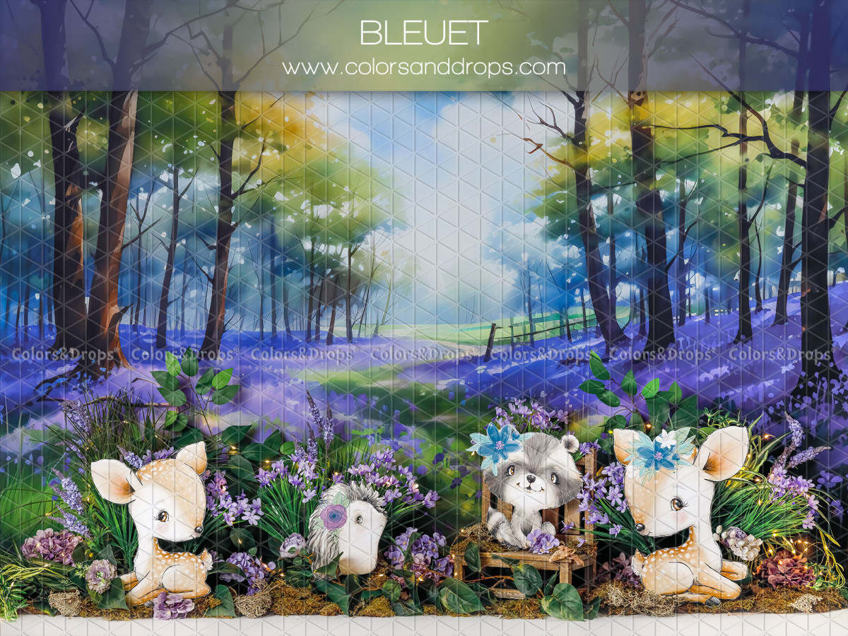 Fond photo bébé et smash cake Bleuet – bébés animaux dans une forêt de jacinthes | Colors&Drops