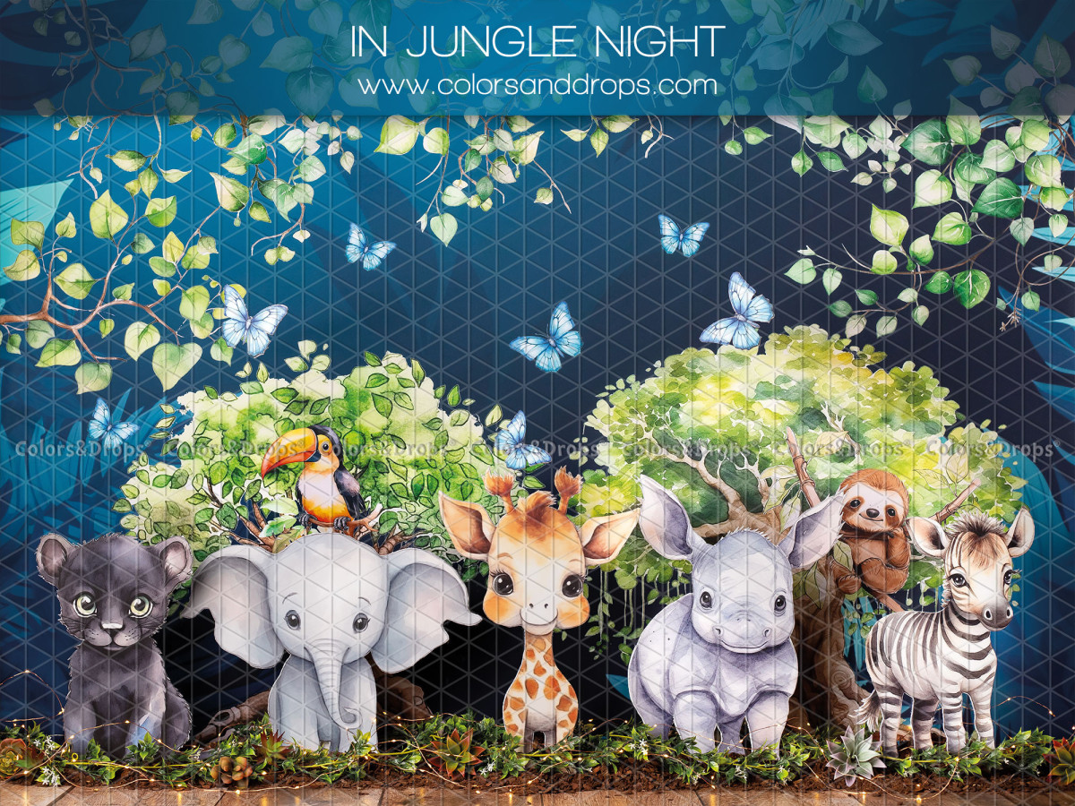 Fond photo bébé et smash cake In Jungle Night – animaux de la jungle la nuit avec papillons | Colors&Drops