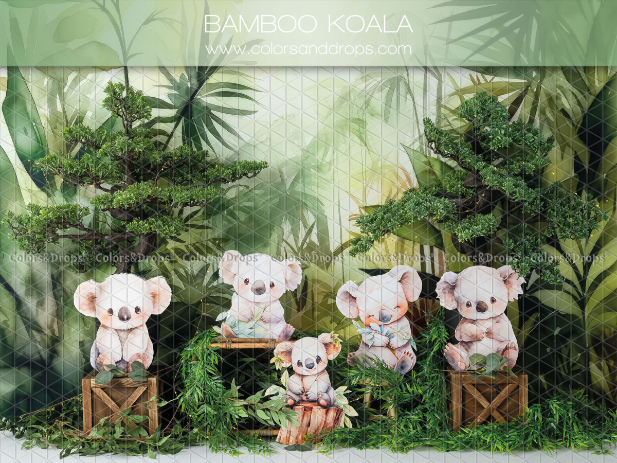 Baby & cake smash photo backdrop Bamboo Koala – plush koalas in a bamboo jungle | Colors&Drops