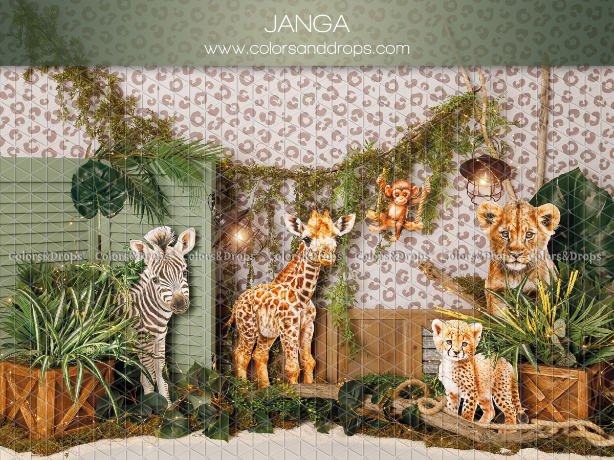 Fond photo bébé et smash cake Janga – girafe, zèbre et lion devant mur léopard | Colors&Drops
