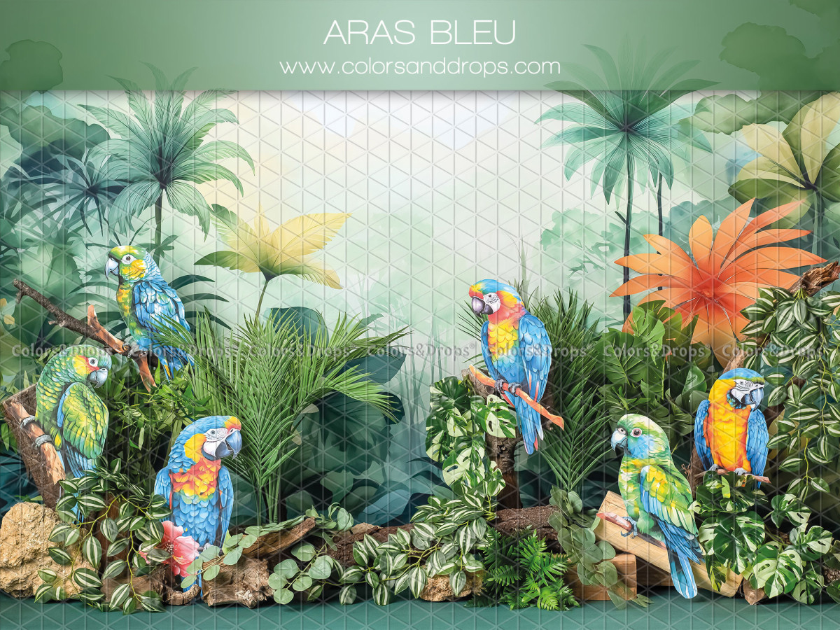 Fondo fotográfico de bebé y smash cake Aras Bleu – guacamayos azules y amarillos en la selva tropical | Colors&Drops