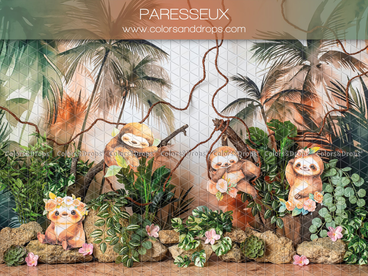 Fond photo bébé et smash cake Paresseux – paresseux dans la jungle avec lianes | Colors&Drops