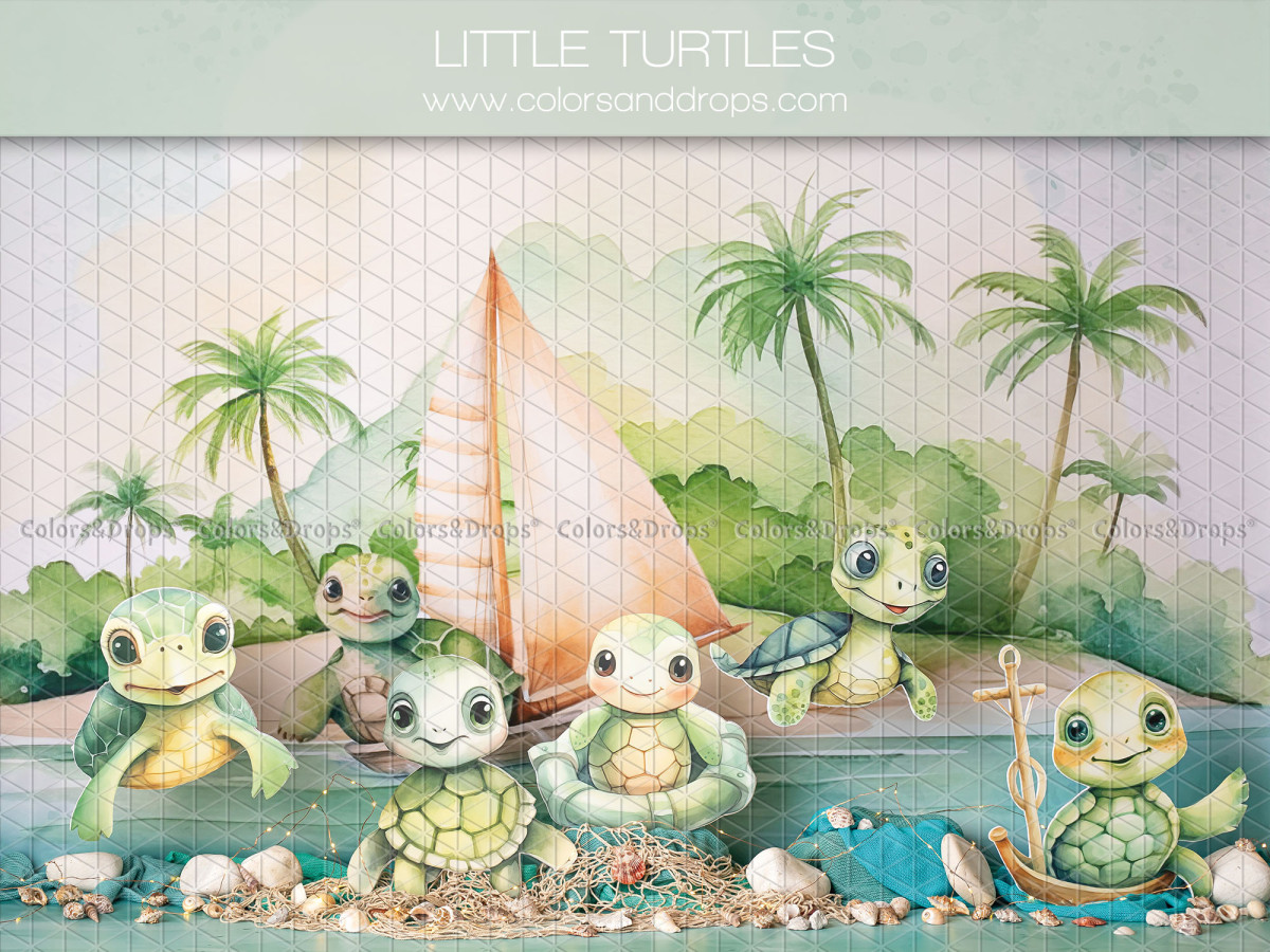 Fondo fotográfico de bebé y smash cake Little Turtles – tortuguitas en una playa tropical | Colors&Drops