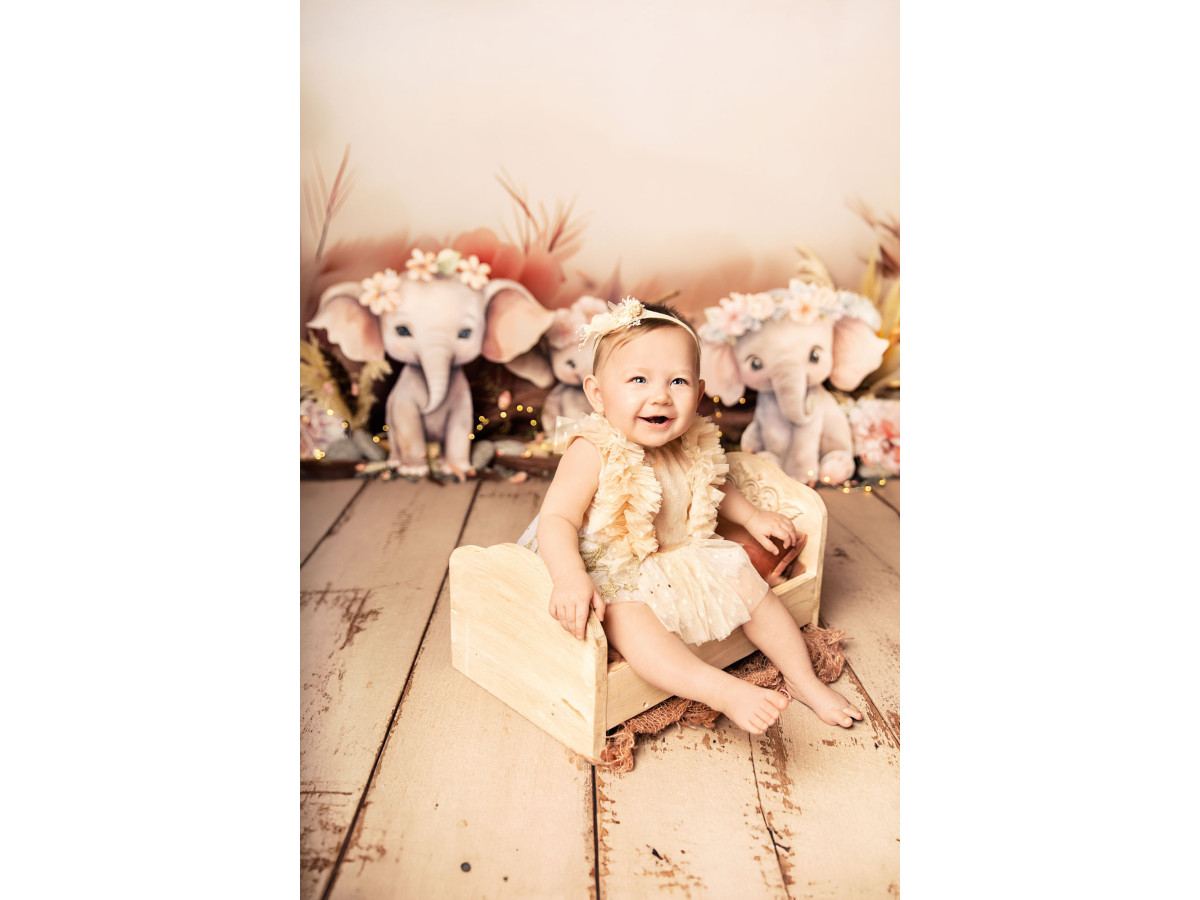 Baby & cake smash photo backdrop Girly Phan – pink baby elephants with flowers and pampas | Colors&Drops
