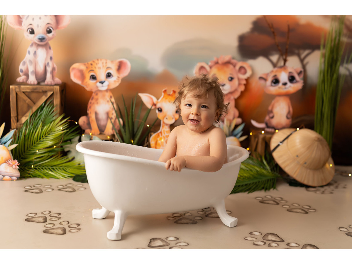 Baby & cake smash photo backdrop Billy Jungle – baby savanna animals at sunset | Colors&Drops