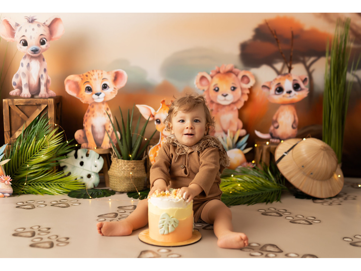Fond photo bébé et smash cake Billy Jungle – bébés animaux de la savane au coucher de soleil | Colors&Drops