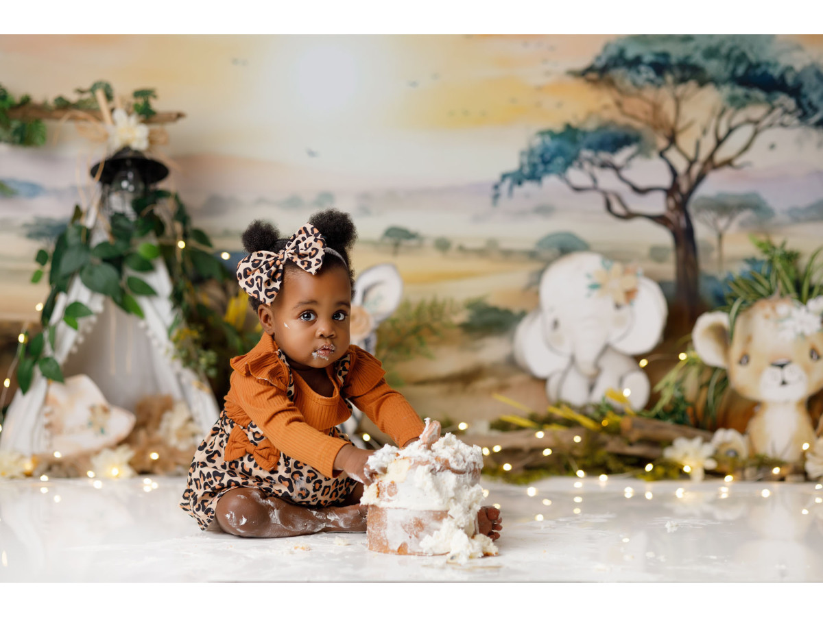 Fond photo bébé et smash cake Zebra – bébés animaux de la savane sous un acacia | Colors&Drops