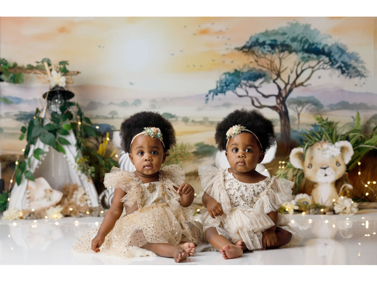 Fond photo bébé et smash cake Zebra – bébés animaux de la savane sous un acacia | Colors&Drops