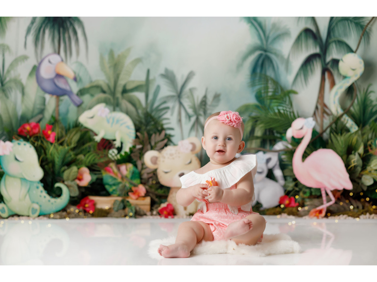 Fondo fotográfico de bebé y smash cake Tropikana – animales de la selva con flamenco rosa y palmeras | Colors&Drops