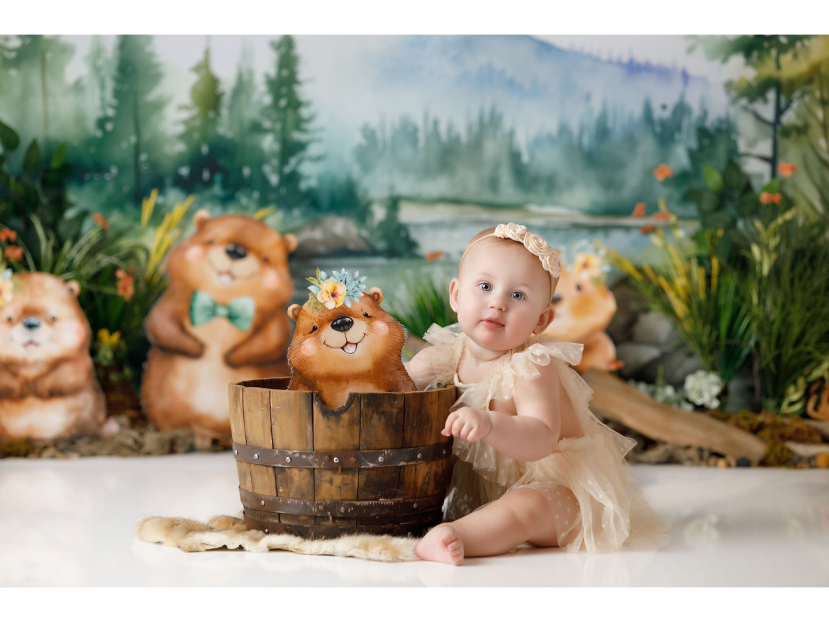 Fond photo bébé et smash cake Marmotte – marmottes au bord d'un lac de montagne | Colors&Drops