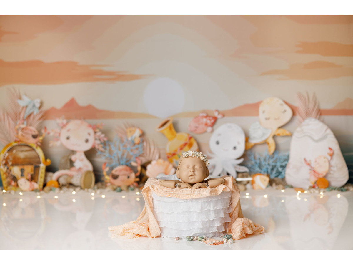 Fond photo bébé et smash cake Axolotl – axolotls et poulpes pastel au bord de la mer | Colors&Drops