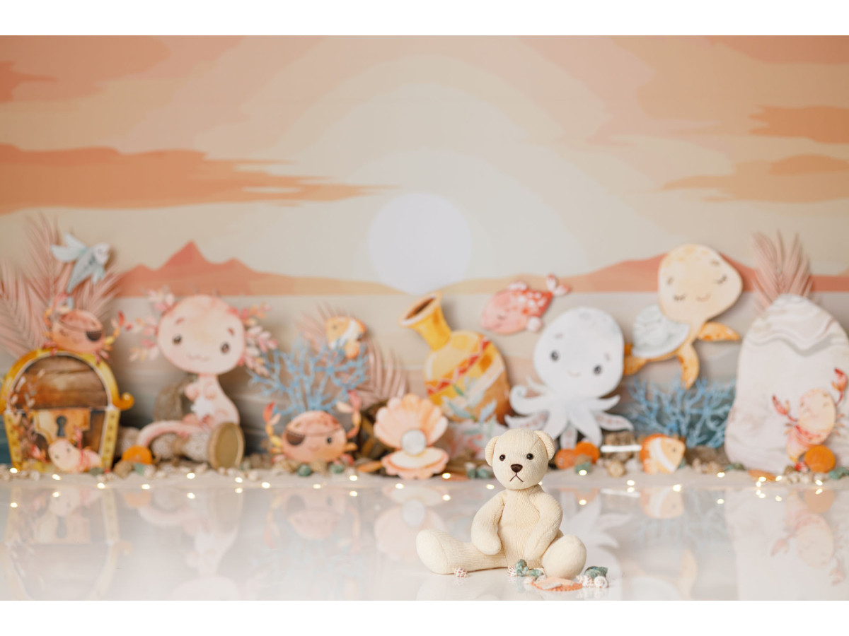 Fond photo bébé et smash cake Axolotl – axolotls et poulpes pastel au bord de la mer | Colors&Drops