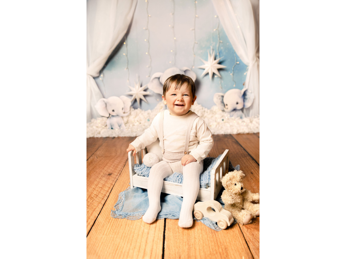 Fondo fotográfico de bebé y smash cake Love My Phan – elefantitos de peluche con cortinas y estrellas | Colors&Drops
