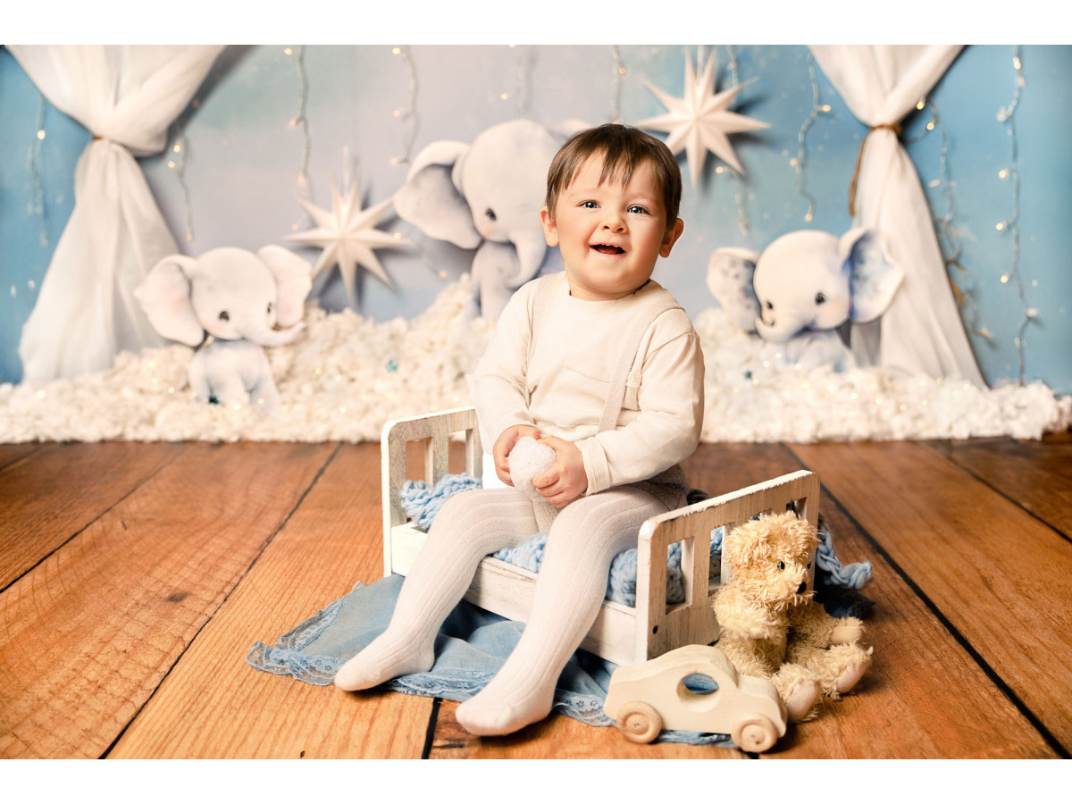 Baby & cake smash photo backdrop Love My Phan – baby elephant plush toys with curtains and stars | Colors&Drops